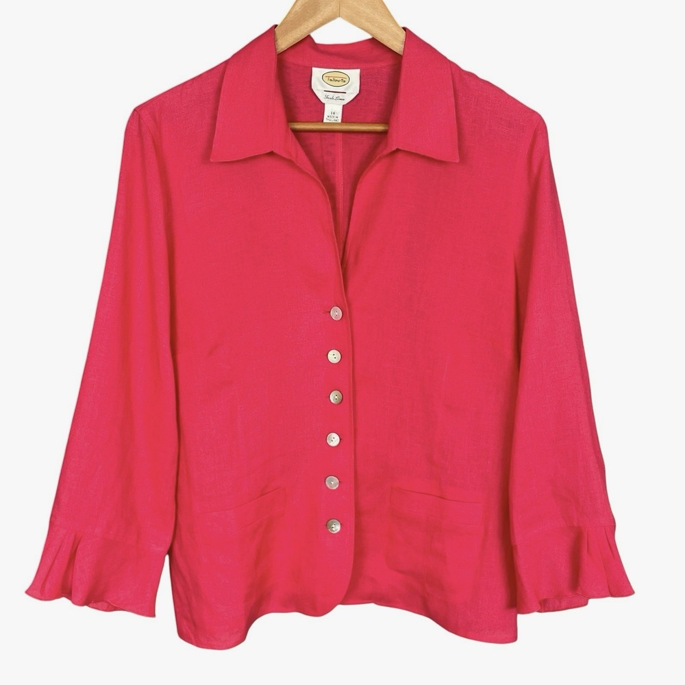 Vintage Talbots Pink Irish Linen Ruffle Cuff Blazer Womens 14 Office Lightweight